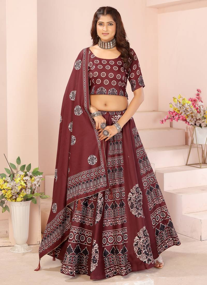 maroon rayon printed navratri special lehenga choli