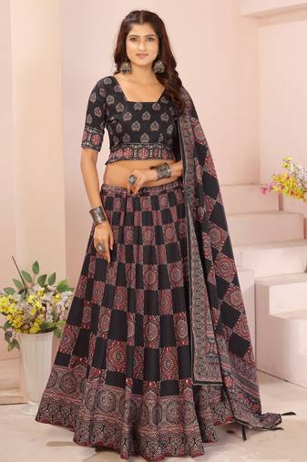 black rayon printed navratri special lehenga choli