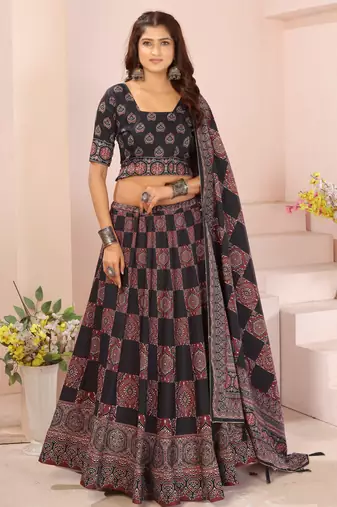 black rayon printed navratri special lehenga choli