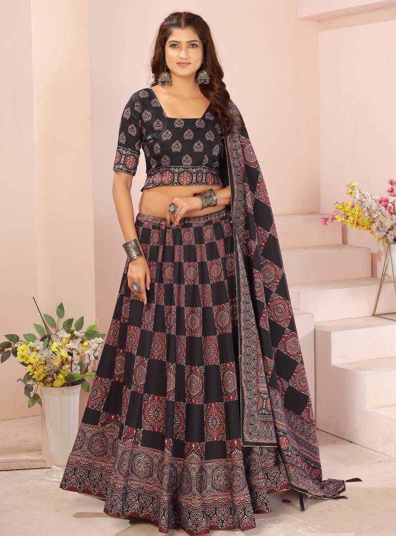 black rayon printed navratri special lehenga choli