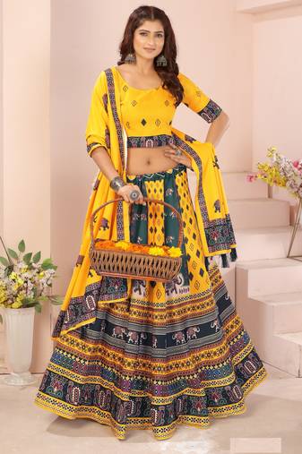 yellow rayon printed navratri special lehenga choli