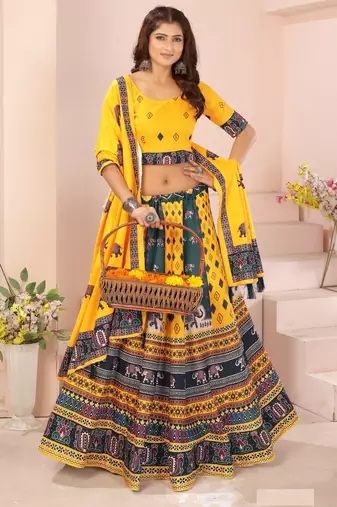 yellow rayon printed navratri special lehenga choli