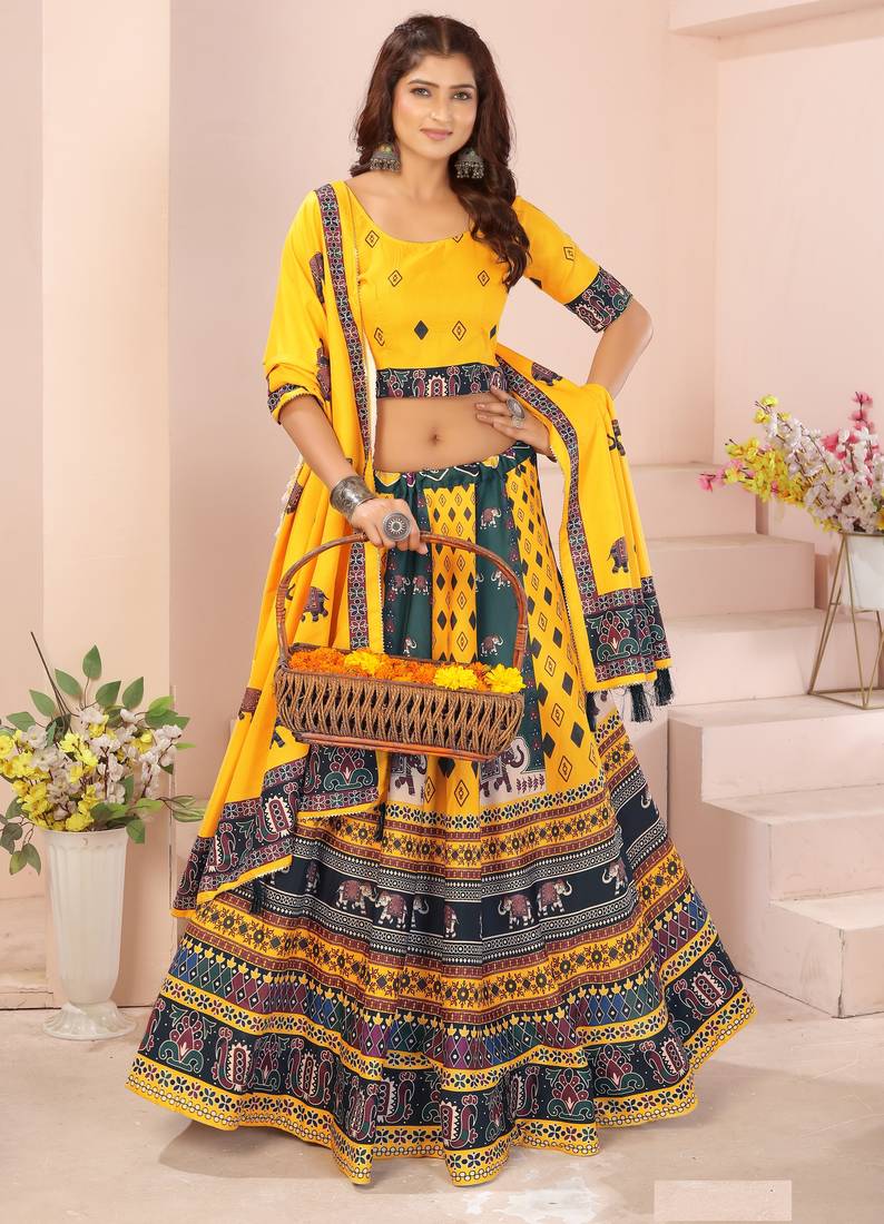yellow rayon printed navratri special lehenga choli