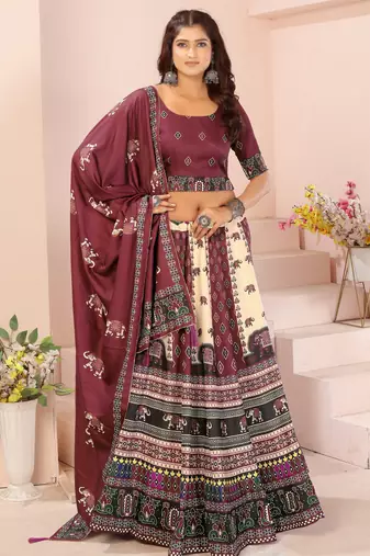 cream rayon printed navratri special lehenga choli