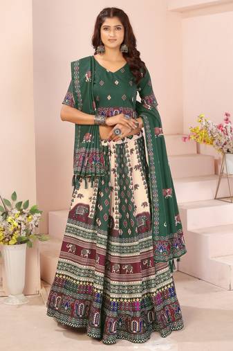 cream rayon printed navratri special lehenga choli