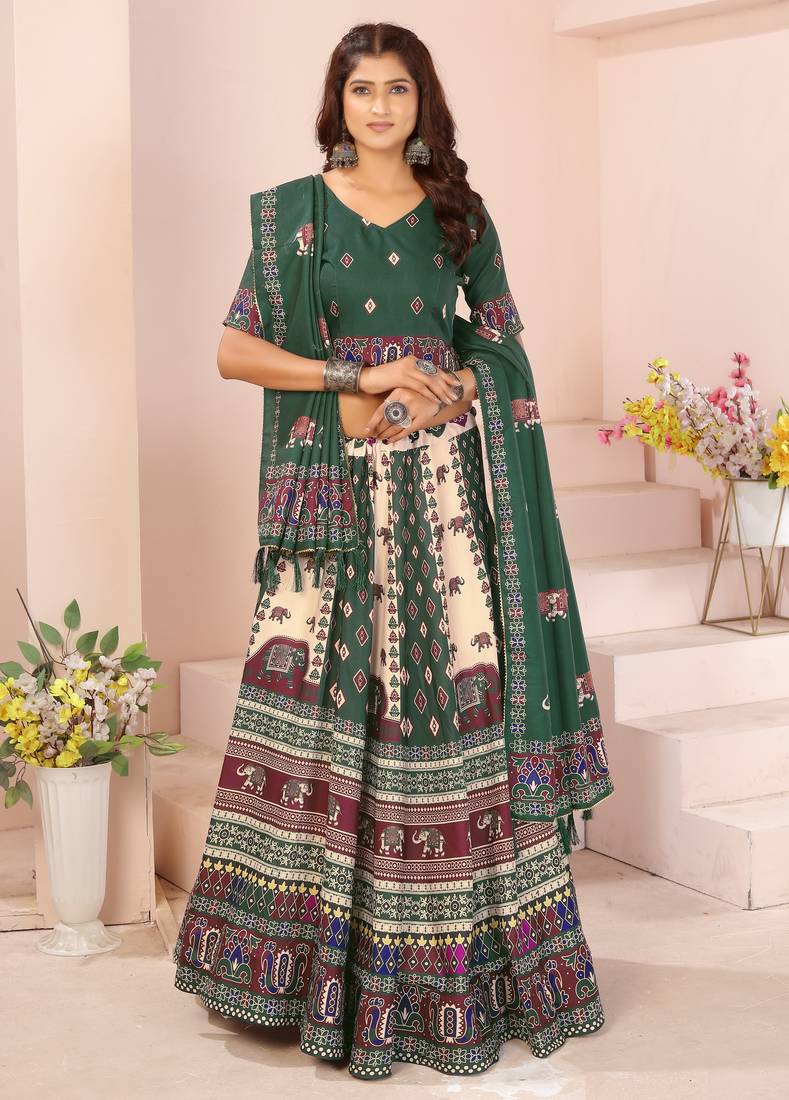 cream rayon printed navratri special lehenga choli