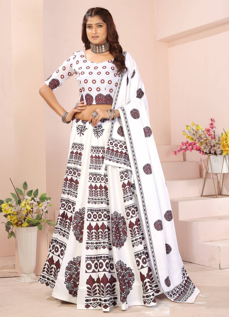 white rayon printed navratri special lehenga choli