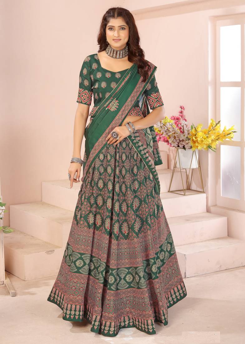 green rayon printed navratri special lehenga choli