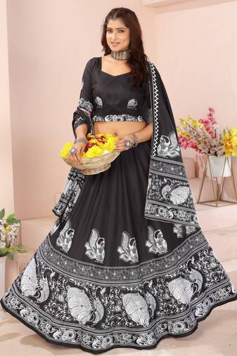 black rayon printed navratri special lehenga choli