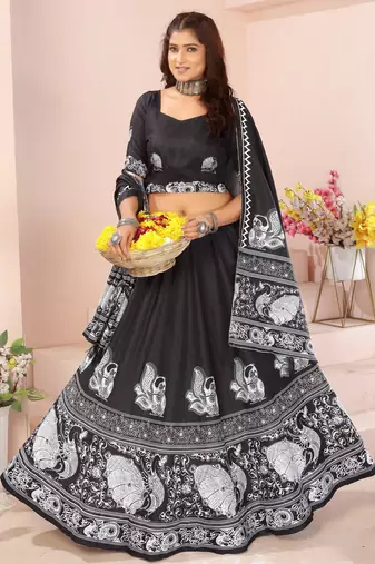 black rayon printed navratri special lehenga choli
