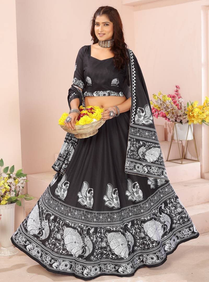 black rayon printed navratri special lehenga choli