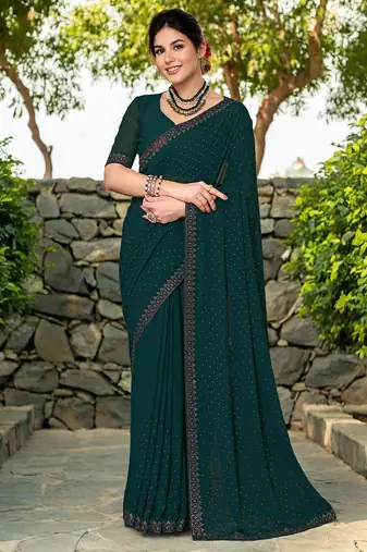 Green embroidered georgette saree with blouse
