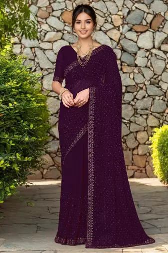 Magenta embroidered georgette saree with blouse