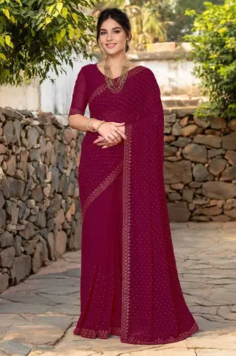 Maroon embroidered georgette saree with blouse