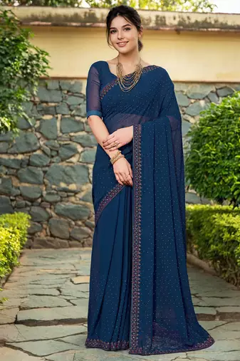 Teal embroidered georgette saree with blouse