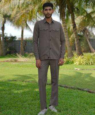 Brown 4-way stretch plain shacket 1