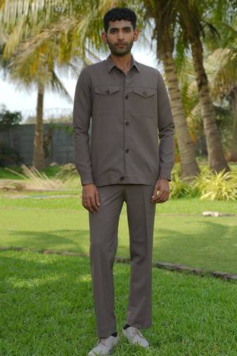 Brown 4-way stretch plain shacket