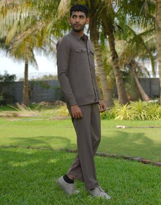 Brown 4-way stretch plain shacket 2