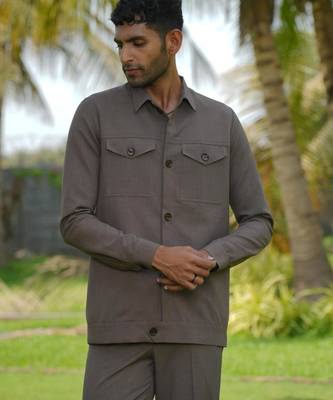 Brown 4-way stretch plain shacket 3
