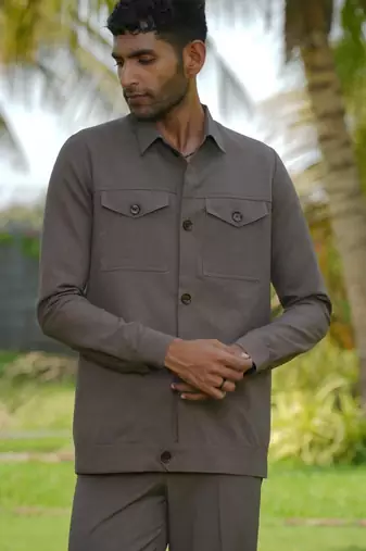 Brown 4-way stretch plain shacket