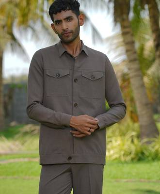 Brown 4-way stretch plain shacket 4
