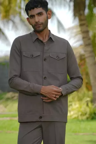 Brown 4-way stretch plain shacket