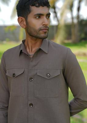 Brown 4-way stretch plain shacket 5
