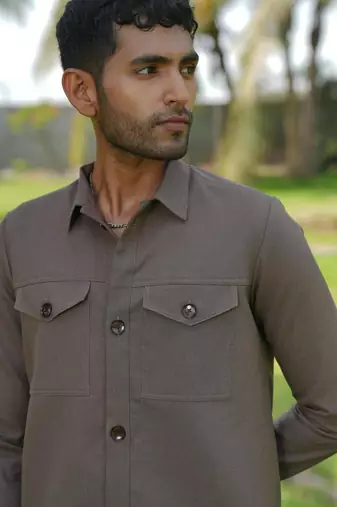 Brown 4-way stretch plain shacket