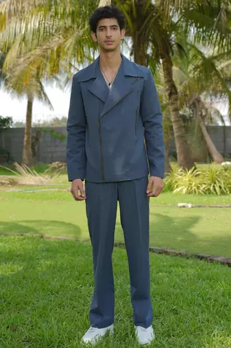 Denim blue 4-way stretch plain jacket