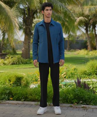 Teal blue 4-way stretch plain jacket 1