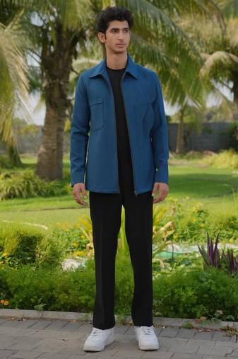 Teal blue 4-way stretch plain jacket