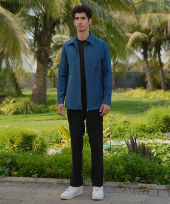 Teal blue 4-way stretch plain jacket 2