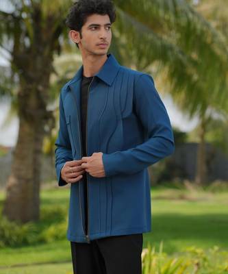 Teal blue 4-way stretch plain jacket 4