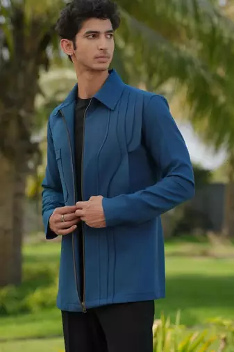 Teal blue 4-way stretch plain jacket