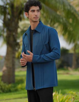 Teal blue 4-way stretch plain jacket 5