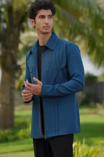 Teal blue 4-way stretch plain jacket
