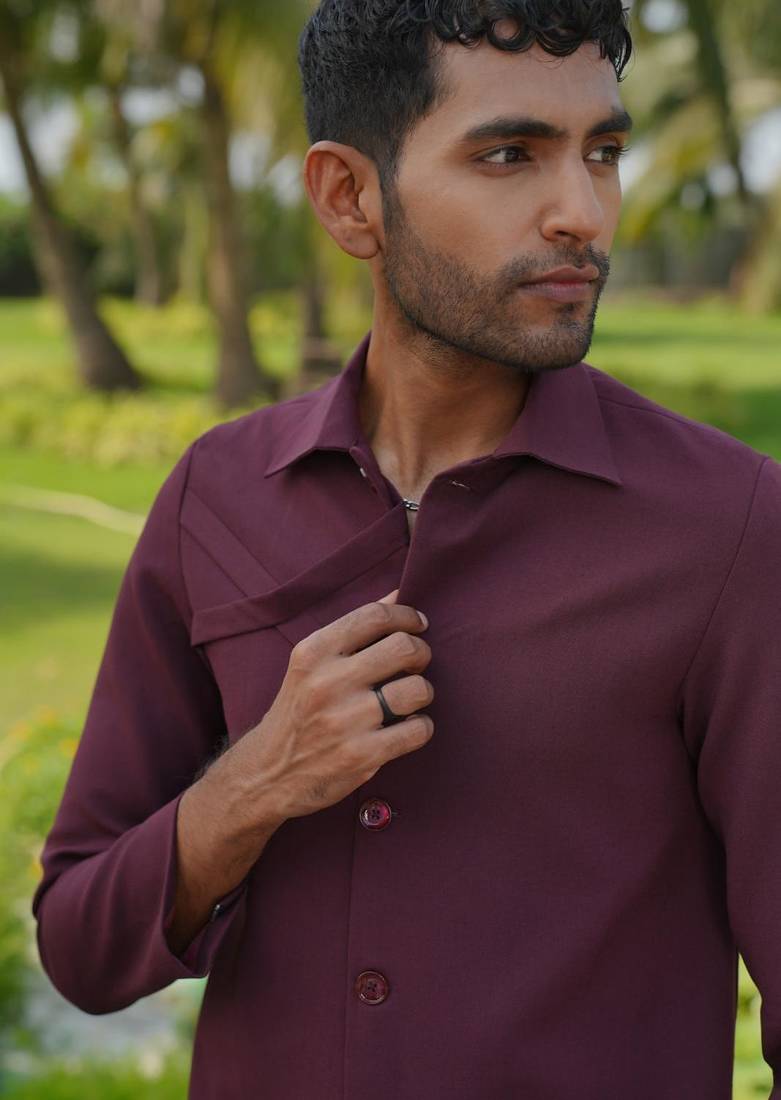 Burgundy 4-way stretch plain shacket