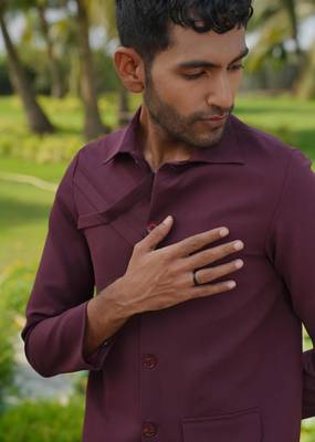 Burgundy 4-way stretch plain shacket 2