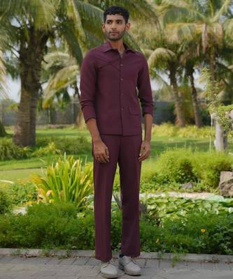 Burgundy 4-way stretch plain shacket 4