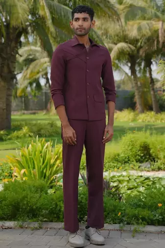 Burgundy 4-way stretch plain shacket