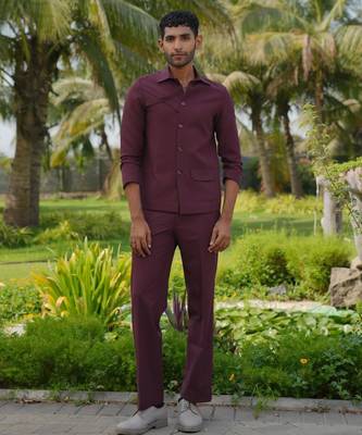 Burgundy 4-way stretch plain shacket 5