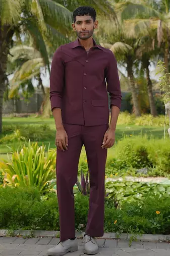 Burgundy 4-way stretch plain shacket
