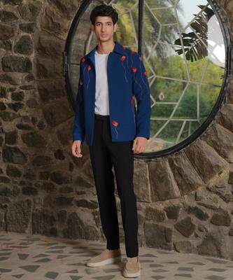 Teal blue 4-way stretch embroidered jacket 1