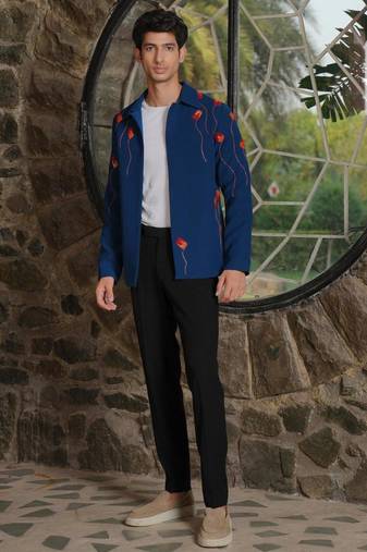 Teal blue 4-way stretch embroidered jacket
