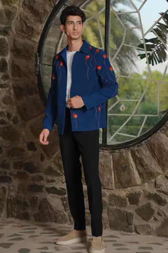 Teal blue 4-way stretch embroidered jacket