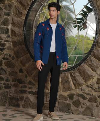 Teal blue 4-way stretch embroidered jacket 3