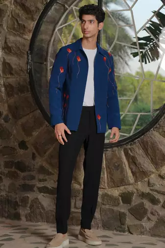 Teal blue 4-way stretch embroidered jacket