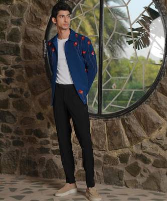 Teal blue 4-way stretch embroidered jacket 4