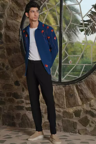 Teal blue 4-way stretch embroidered jacket