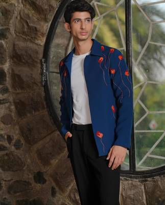 Teal blue 4-way stretch embroidered jacket 5